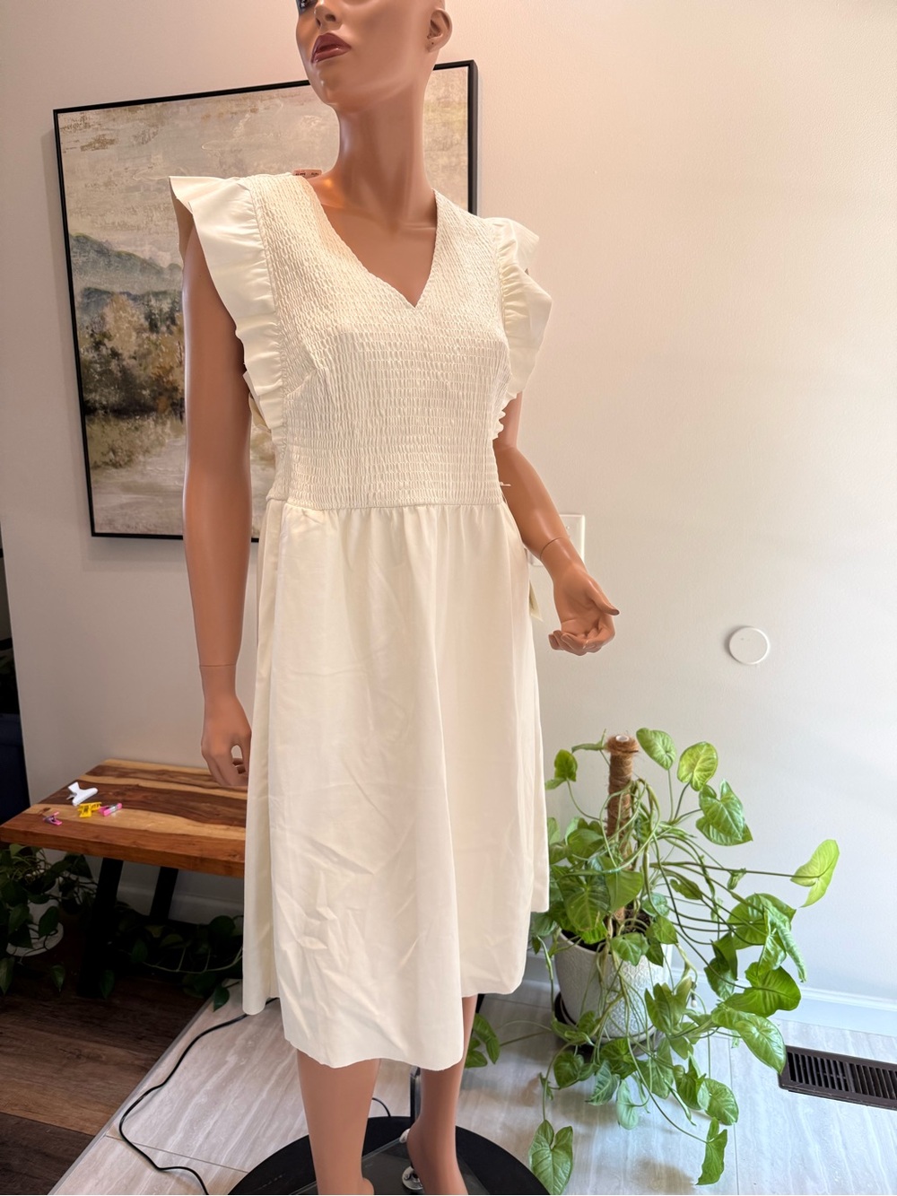 Cato Cream Smocked V-Neck Midi Dress with Ruffle Sleeves pleather 14/16W nwt
